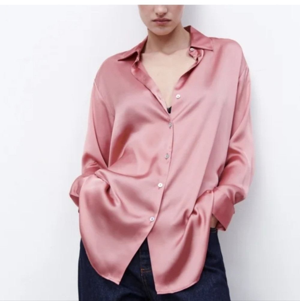 Zara Pinkish Beige Button Down Blouse Size Xl - Picture 7 of 9
